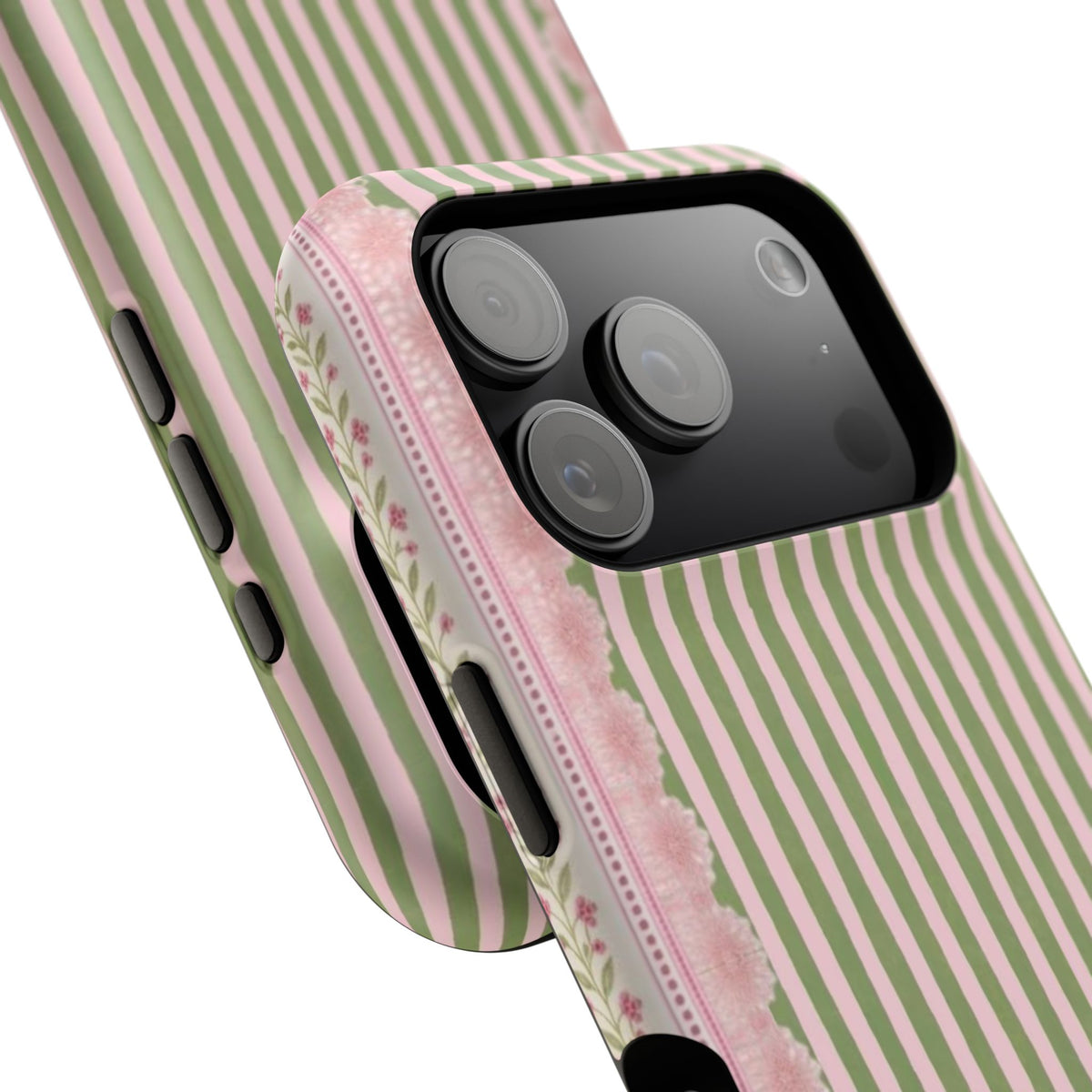 Pink And Green Stripes Pink Floral iPhone Case